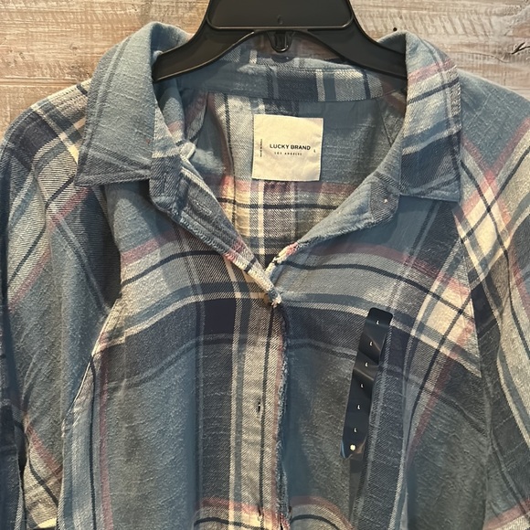 NWT LUCKY BRAND Blue and White Plad flannel size L - Picture 2 of 6